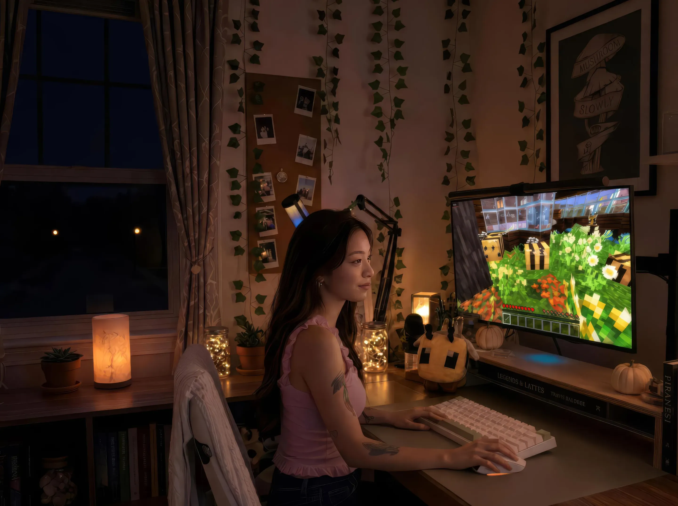 A woman at a cozy desk playing a game on a large monitor at night.