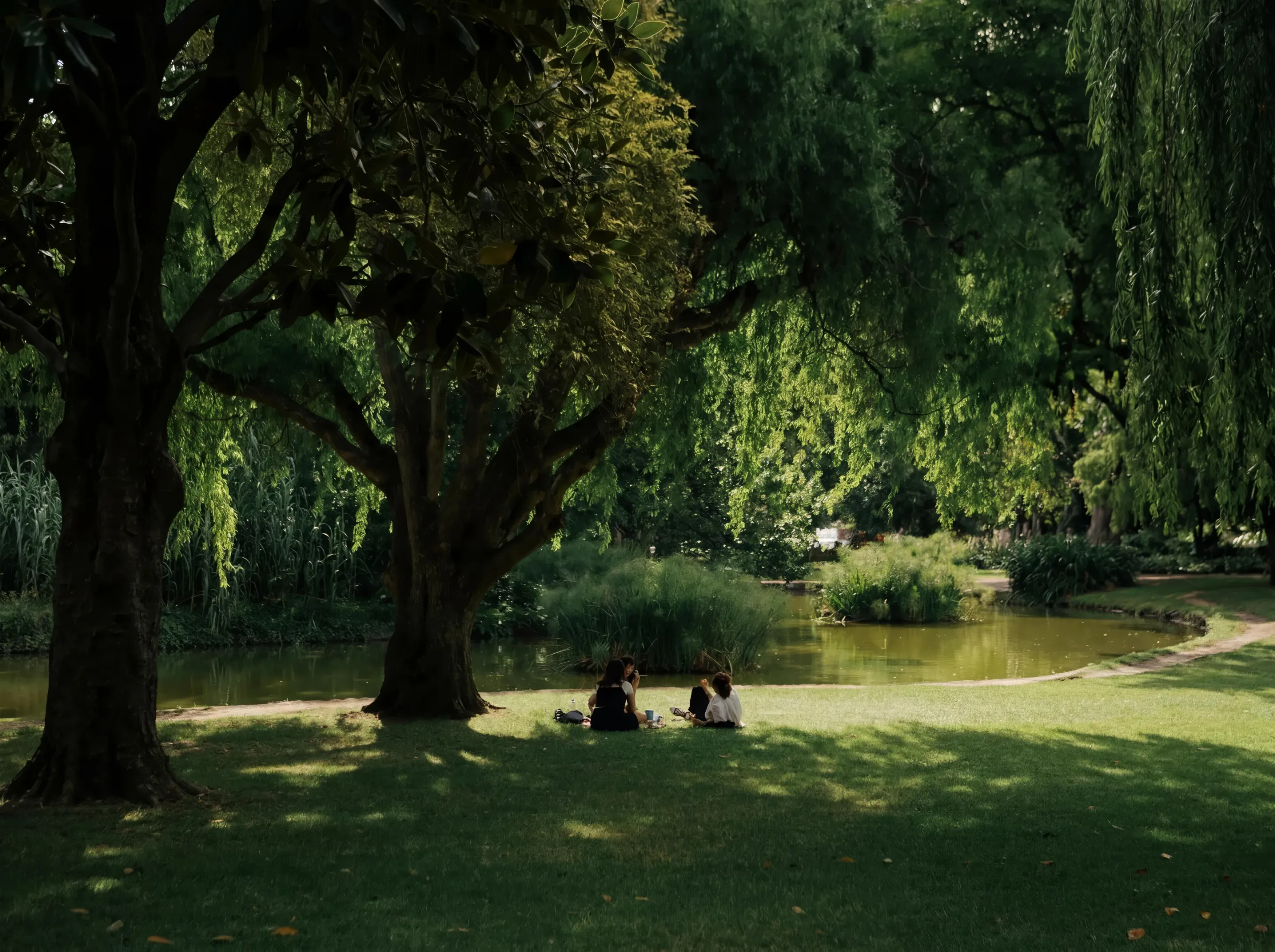 Three friends sitting on sunlit grass under a tree canopy.